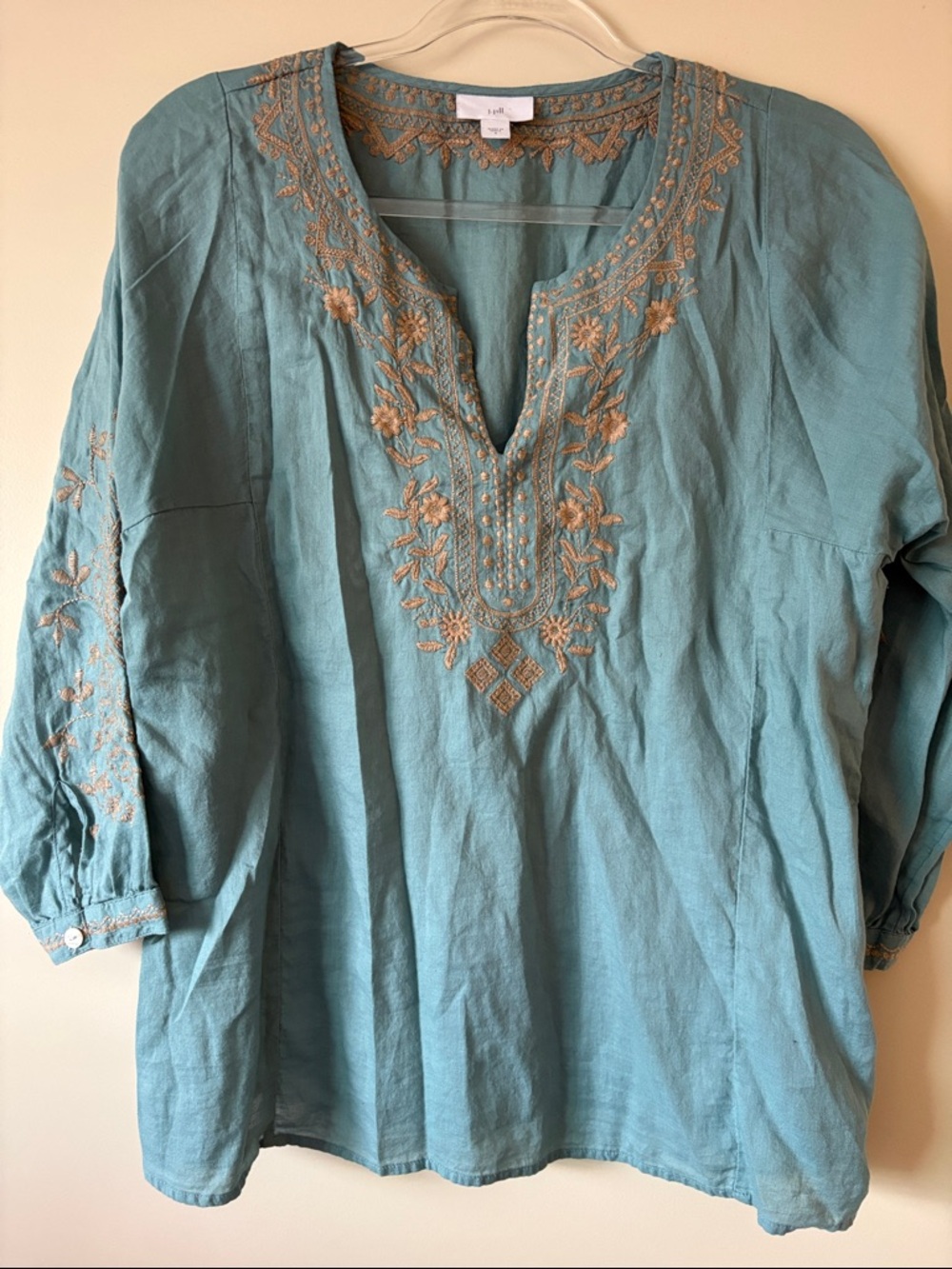 Beautiful J. Jill Teal Top with Gold Embroidered Floral Trim